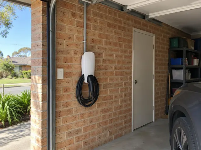 Wall-mounted EV charger with coiled cable on a brick garage wall beside a door in Woodberry