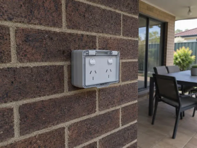 Outdoor double power point on a brick exterior wall beside a covered patio in Metford